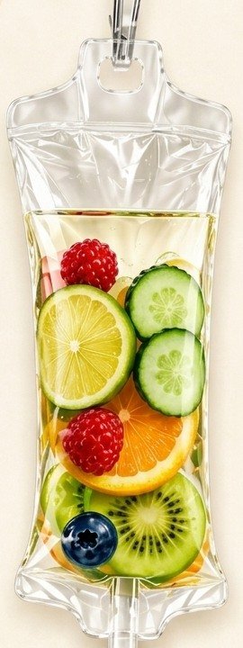 IV drip bag filled with fresh fruit slices